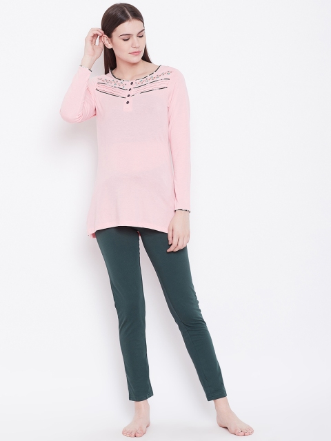 

Sweet Dreams Women Pink & Green Solid Night suit