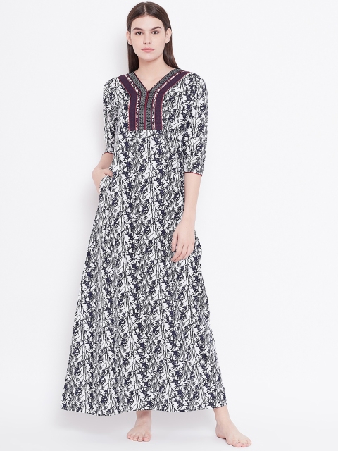 

Sweet Dreams Off-White & Navy Blue Printed Nightdress