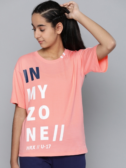 

HRX by Hrithik Roshan Girls Peach-Coloured Lifestyle Printed Round Neck T-shirt