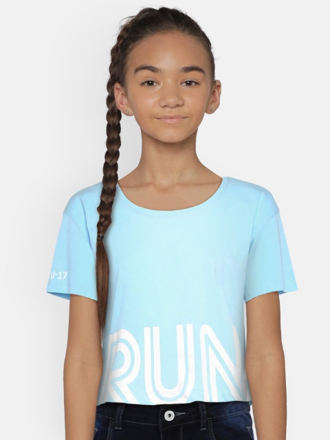 

HRX by Hrithik Roshan Girls Blue Printed Round Neck Lifestyle Crop Pure Cotton T-shirt