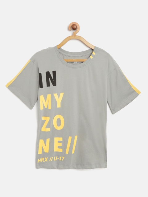 

HRX by Hrithik Roshan Girls Grey & Yellow Lifestyle Printed Boxy Round Neck T-shirt