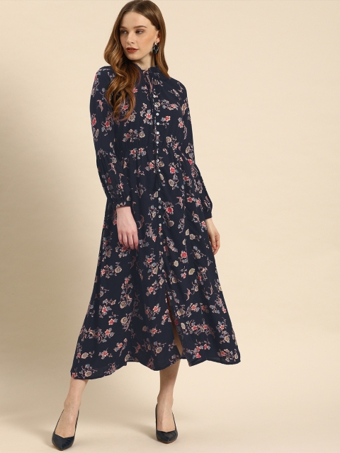 

Ms.Taken Women Navy Blue & Off-White Floral Printed A-Line Dress With Button Detailing