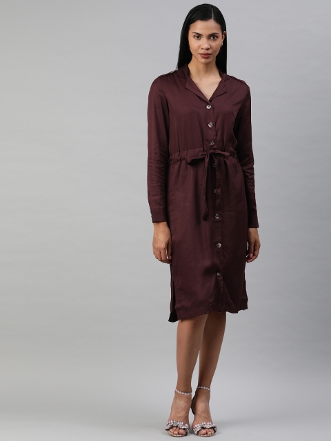 

Ms.Taken Women Burgundy Solid Shirt Dress With Waist Tie-Ups