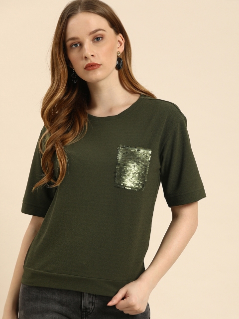 

Ms.Taken Women Olive Green Sequinned Top
