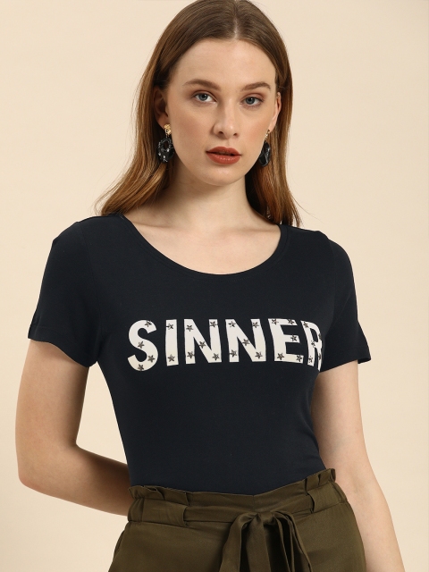 

Ms.Taken Women Navy Blue Embellished Round Neck T-shirt