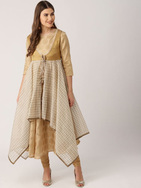 

IMARA Women Cream-Coloured & Beige Printed Kurta with Churidar