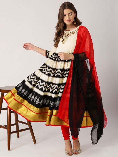 

IMARA Women Off-White & Red Printed Kurta with Churidar & Dupatta