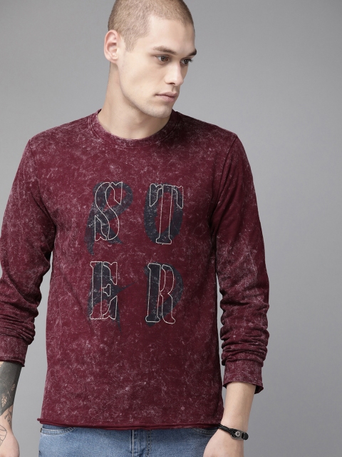 

Roadster Men Burgundy Printed Round Neck T-shirt