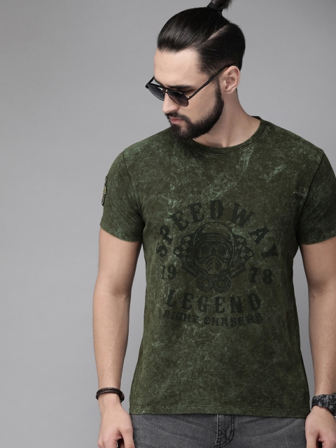

Roadster Men Olive Green Printed Slim Fit Round Neck T-shirt