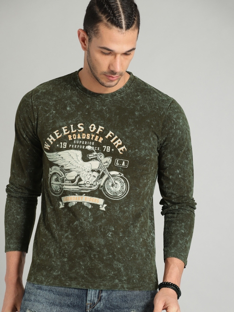 

The Roadster Lifestyle Co Men Olive Green Dyed Round Neck Pure Cotton T-shirt