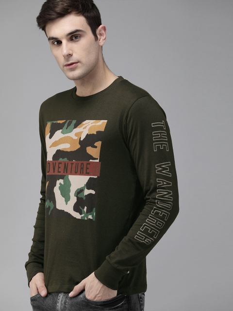 

The Roadster Lifestyle Co Men Olive Green Camo Printed Round Neck Pure Cotton T-shirt