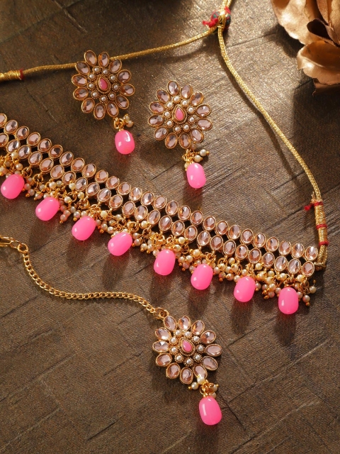 

Zobby Pink Gold-Plated Kundan Studded & Beaded Handcrafted Choker Jewellery Set