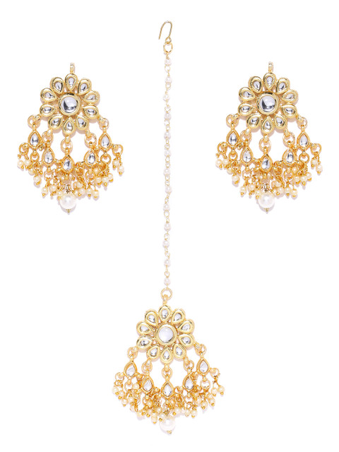 

Zobby White Gold-Plated Kundan Studded & Beaded Handcrafted Jewellery Set
