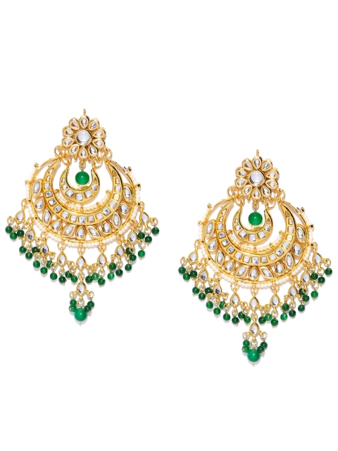 

Zobby Green & Off-White Gold-Plated Kundan Studded Handcrafted Crescent Shaped Chandbalis