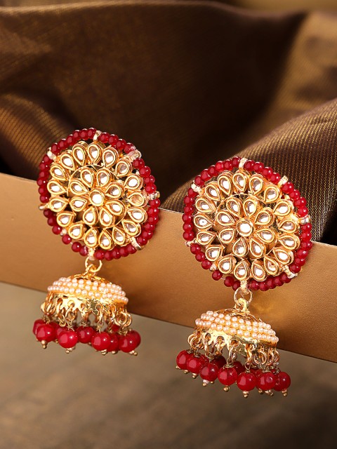 

Zobby Maroon & Off-White Gold-Plated Kundan-Studded Handcrafted Dome Shaped Jhumkas