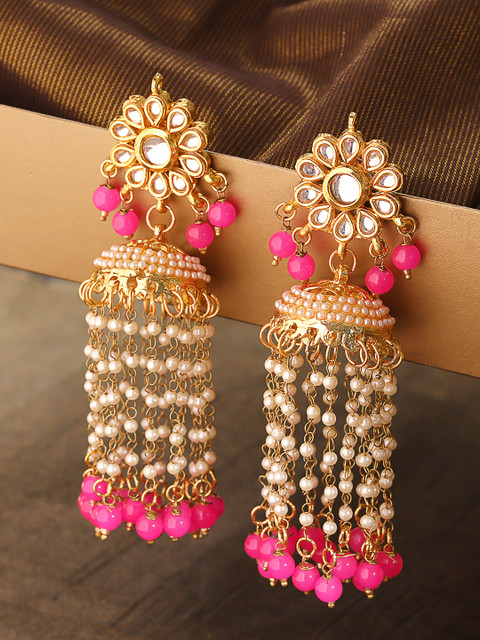 

Zobby Pink & White Gold-Plated Kundan-Studded & Beaded Handcrafted Dome Shaped Jhumkas