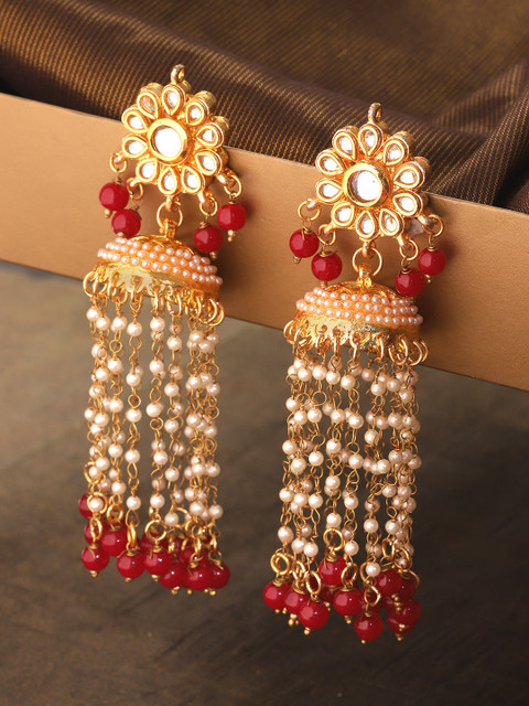 

Zobby Red & White Gold-Plated Kundan-Studded & Beaded Handcrafted Dome Shaped Jhumkas