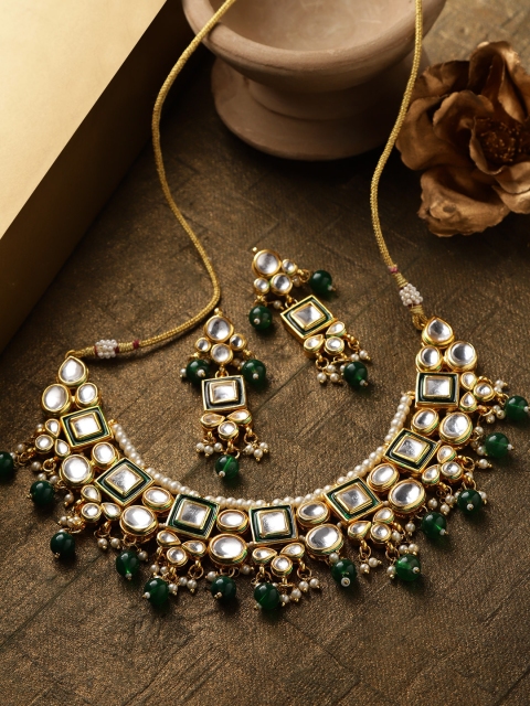 

Zobby Green & Off-White Gold-Plated Kundan-Studded & Beaded Handcrafted Jewellery Set