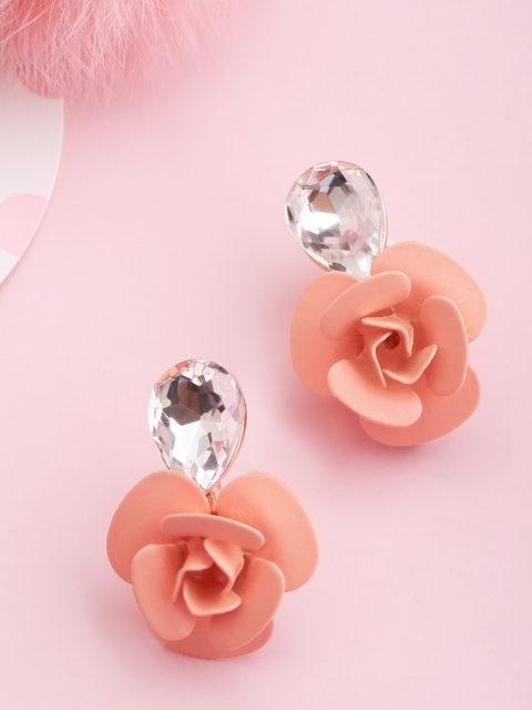 

PRITA Peach-Coloured Gold-Plated Stone-Studded Handcrafted Floral Drop Earrings