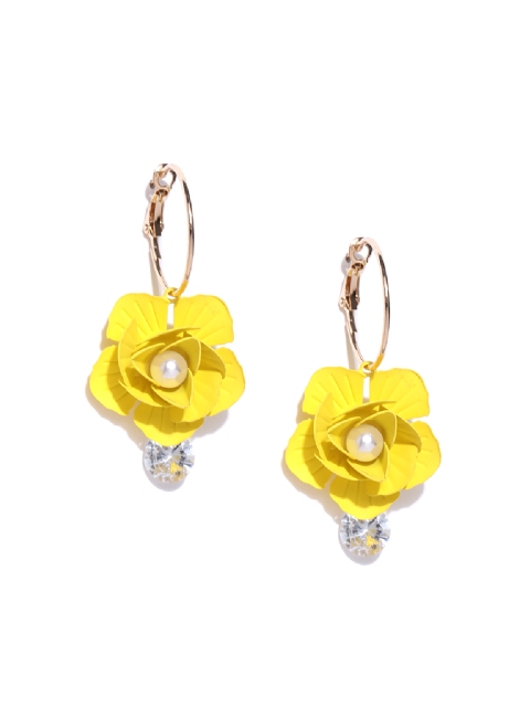 

PRITA Yellow Gold-Plated AD-Studded & Beaded Handcrafted Floral Hoop Earrings