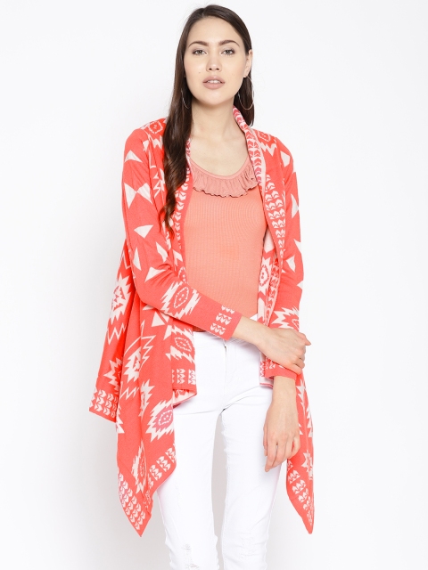 

Cayman Women Coral Orange & White Wool Self Design Front-Open Sweater