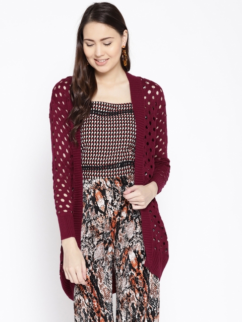 

Cayman Women Maroon Self Design Front-Open Sweater