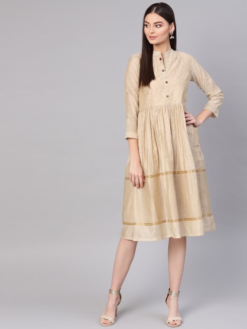 

Indo Era Women Beige & Golden Printed A-Line Dress