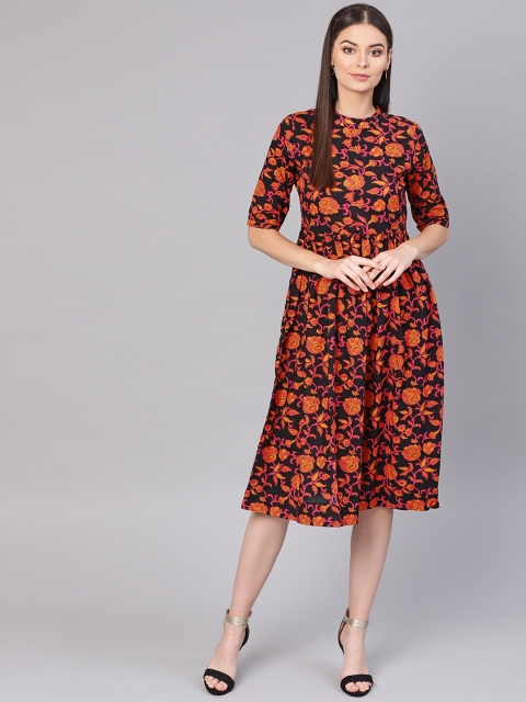 

Indo Era Women Black & Pink Printed A-Line Dress