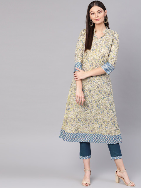 

Indo Era Women Cream-Coloured & Green Floral Foil Print A-Line Kurta