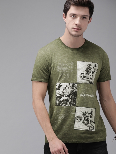 

Roadster Men Olive Green Printed Round Neck T-shirt