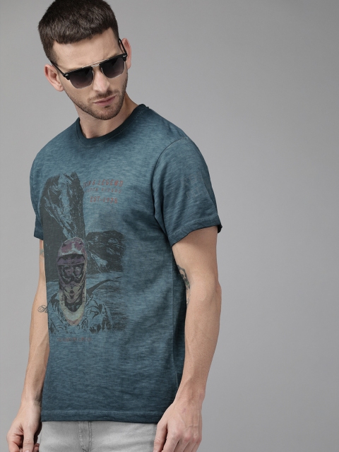 

Roadster Men Blue Printed Round Neck T-shirt