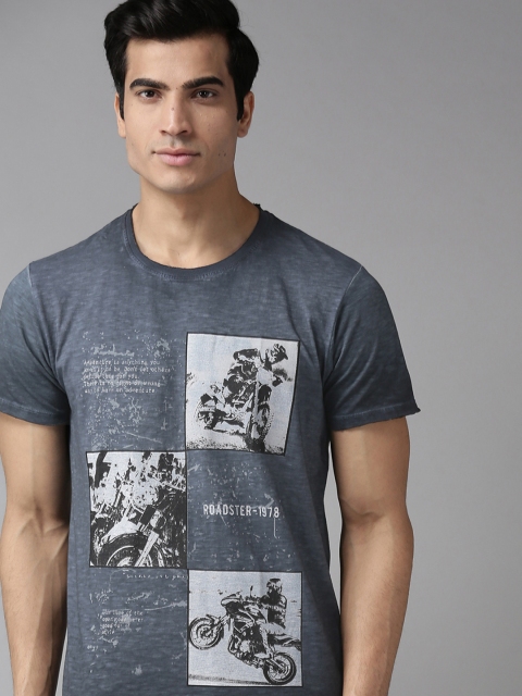 

Roadster Men Blue & Grey Printed Round Neck T-shirt