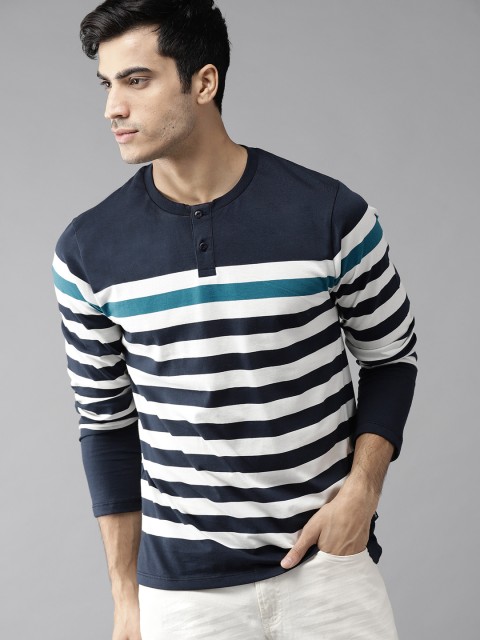 

Roadster Men Navy Blue & White Striped Henley Neck T-shirt