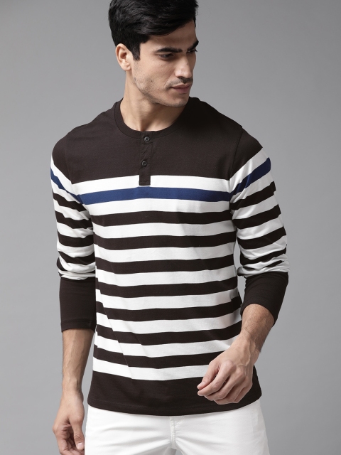 

Roadster Men Black & White Striped Henley Neck T-shirt
