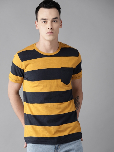 

The Roadster Lifestyle Co Men Mustard Yellow & Navy Blue Striped Round Neck T-shirt