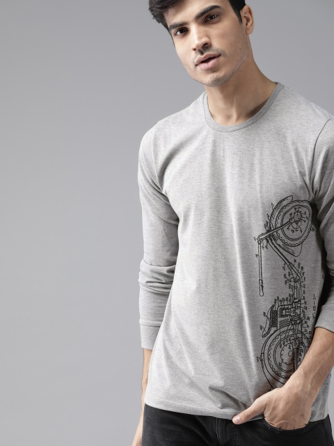 

Roadster Men Grey Melange Printed Round Neck T-shirt