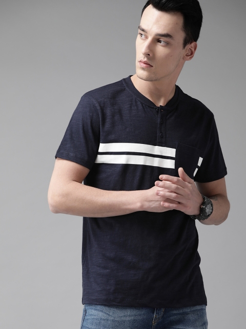 

Roadster Men Navy Blue Striped Placement Printed Henly T-shirt