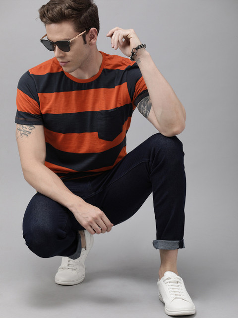 

Roadster Men Rust Orange & Navy Blue Striped Round Neck T-shirt with Pocket