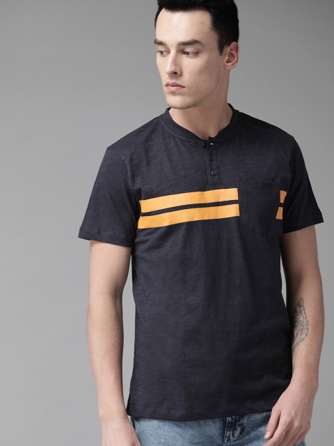 

Roadster Men Navy Blue Striped Placement Printed Henly T-shirt