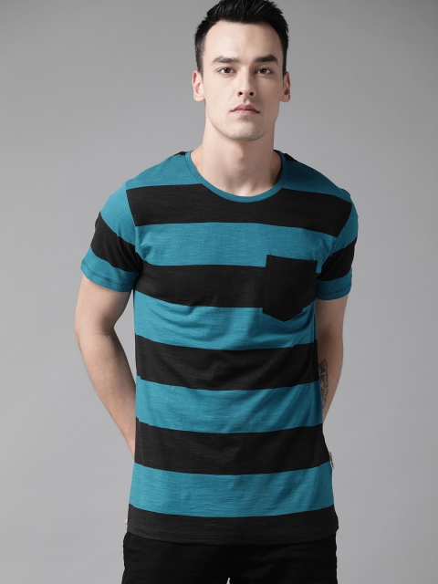 

Roadster Men Teal Blue & Black Striped Round Neck T-shirt