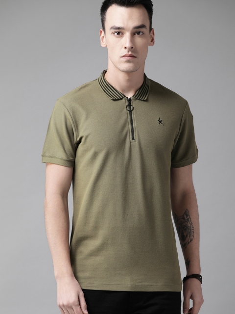 

Roadster Men Olive Green Solid Polo Collar T-shirt