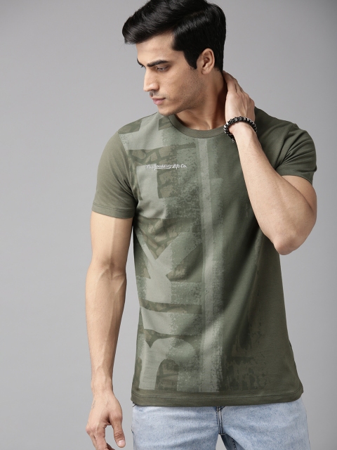 

Roadster Men Olive Green Printed Round Neck T-shirt