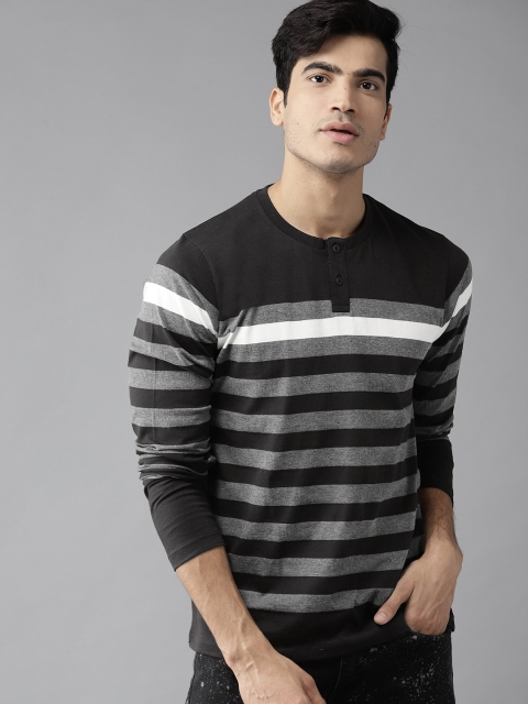 

Roadster Men Black & Grey Striped Henley Neck T-shirt