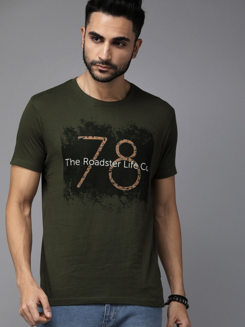 

Roadster Men Olive Green Printed Round Neck T-shirt