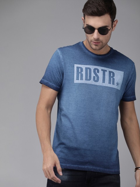 

Roadster Men Blue Printed Round Neck Dyed T-shirt