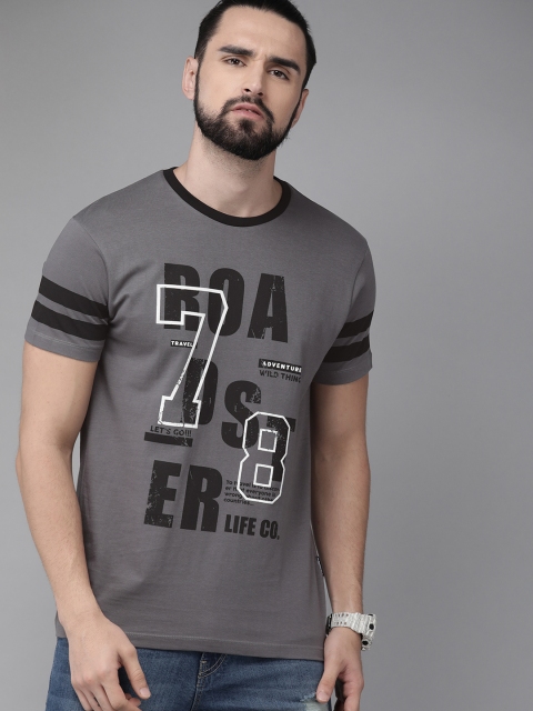

Roadster Men Grey Printed Round Neck T-shirt