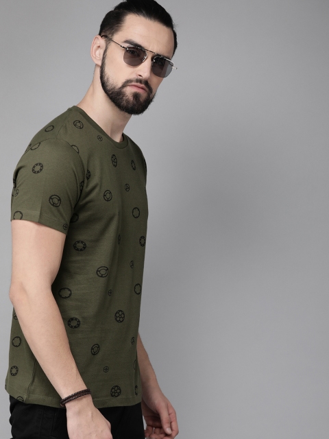 

Roadster Men Olive Green & Black Printed Round Neck T-shirt