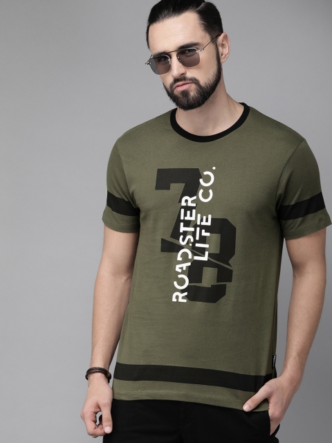

Roadster Men Olive Green Printed Round Neck T-shirt