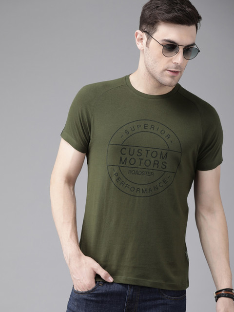 

Roadster Men Olive Green Printed Round Neck T-shirt