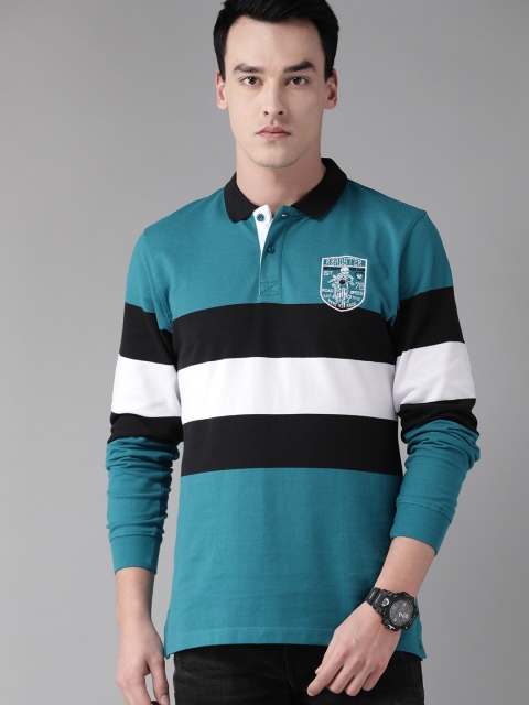 

Roadster Men Blue & White Striped Polo Collar T-shirt